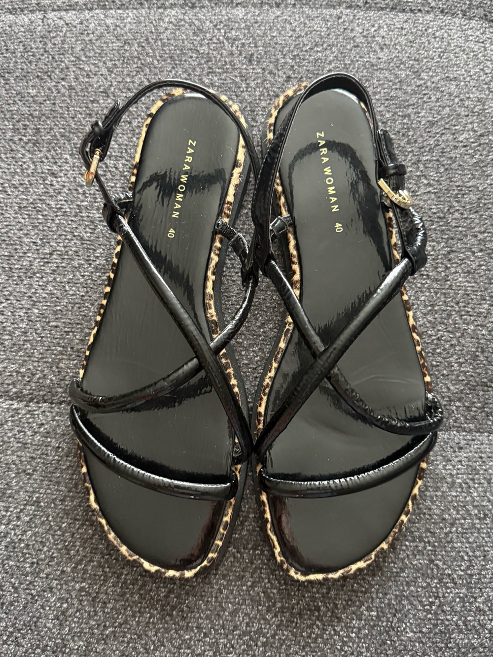 Zara Woman Black Patent Strappy Sandals with Leopard Trim